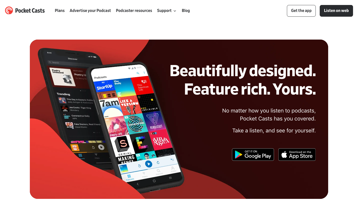 Pocket Casts above the fold