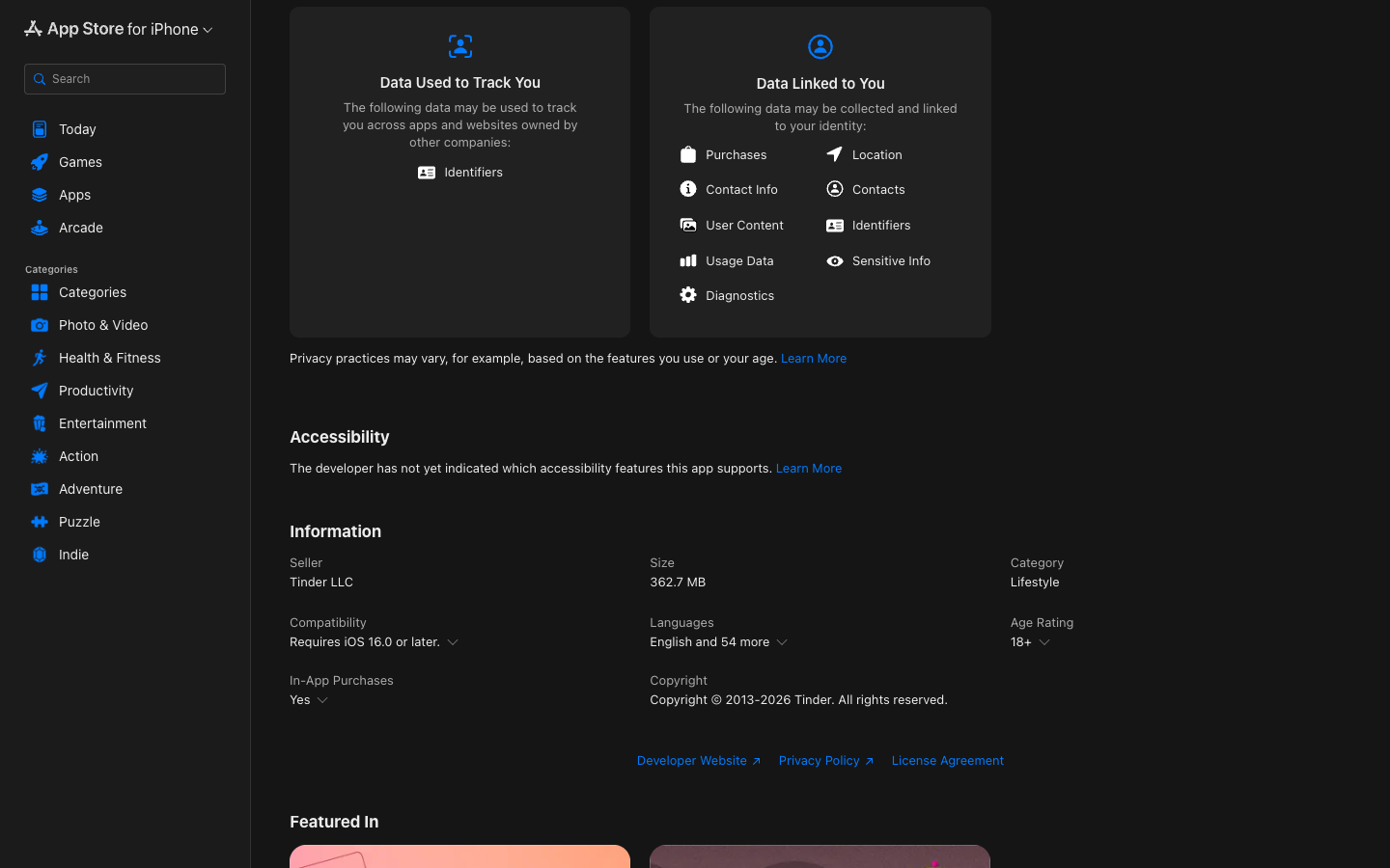 Tinder lower page