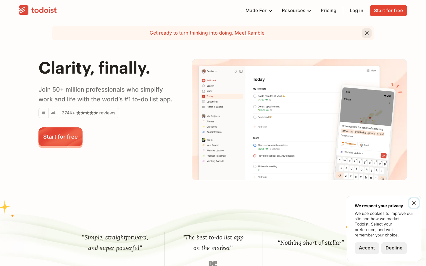 Todoist above the fold